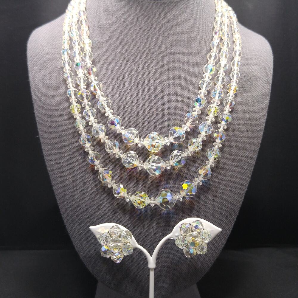 Vintage AB Crystal Necklace Set 1950s Triple Strand Earrings